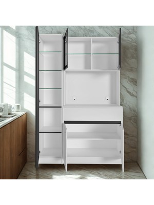 Sarıoğlu Mobilya Moon Midi Kahve Köşesi 130 cm LED Aydınlatmalı Mdf Vitrinli Sol Vitrinli Modern Kahve Köşesi Dolabı Beyaz Kahve Ünitesi