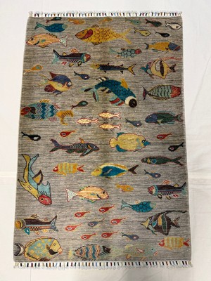 El Dokuma Afgan Halı Balıklı Desenli Bordo Renk Kök Boya 101 x 150 cm