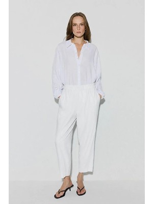 Gusto Beli Lastikli Havuç Kesim Keten Pantolon - Beyaz