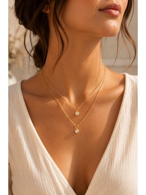 Adata Jewelry Çelik Altın Kaplama Zirkon Taşlı 2 Katlı Kadın Kolye Gold