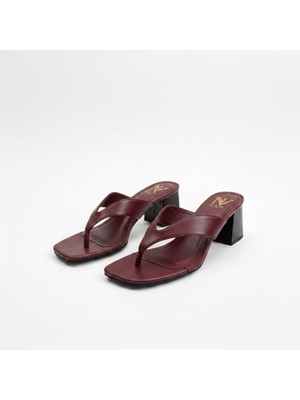 Ne&Ve Shoes Bordo Deri Parmak Arası Kadın Kalın Topuklu Terlik