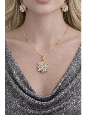 Zirkon Taşlı Çiçek Temalı Altın Rengi 2 Li Set Kolye