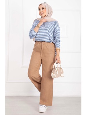 MDS Beli Lastikli Keten Pantolon Camel