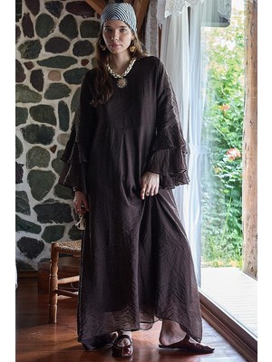 Zülays Tencel Kolu Volanlı Elbise Kahve