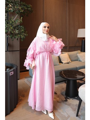 İmaj Butik Pembe Kol Katlı Bel Bağlamalı Elbise