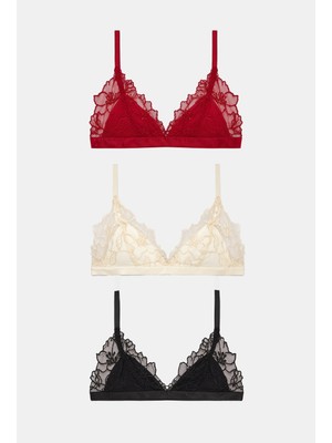 It's Basic Kadın Kırmız Bej Siyah 3'lü Paket Dantelli Bralet Büstiyer
