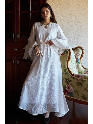 Zülays Tencel Kolu Volanlı Elbise Beyaz