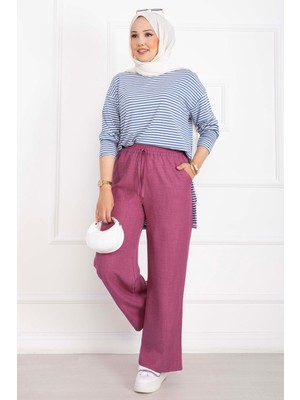 Ebru Tesettür Beli Lastikli Keten Pantolon Pembe