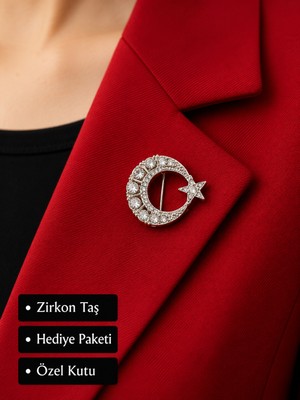 Herşey Nota Işıltılı Ay ve Yıldız Kadın Broşu Zirkon Taşlı Zarif Yaka Aksesuarı Hediye