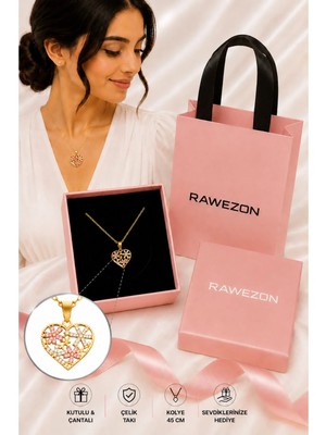 Rawezon Kutulu Çantalı Gold Renk Çelik Pembe Çiçekli Kalp Kolye - Kadına Sevgiliye Doğum Günü Hediyesi