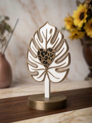 ARKlife 3D Electronic Dekoratif Kalp Detaylı Leopar Desenli Yaprak Biblo Bronz Gold Ev Ofis Masaüstü Hediyelik