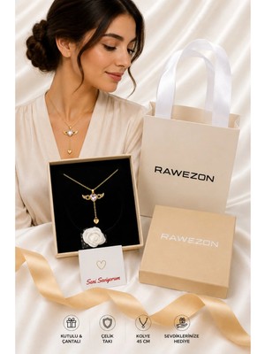 Rawezon Nerovia Kutulu Çantalı Set- Gold Zirkon Taşlı Kanatlı Kalp Çelik Kolye-Sevgiliye Arkadaşa Hediye Set