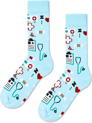Carnaval Socks Doktor Hemşire Medikal Desenli Açık Mavi Unisex Soket Çorap