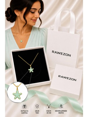 Rawezon Kutulu Çantalı Gold Renk Çelik Mint Deniz Yıldızı Kolye - Kadına Sevgiliye Doğum Günü Hediyesi