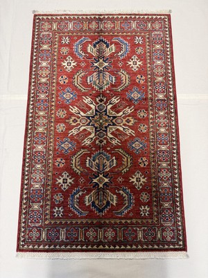 El Dokuma Afgan Halı Kazak  Desenli Bordo Renk Kök Boya 90 x 144 cm