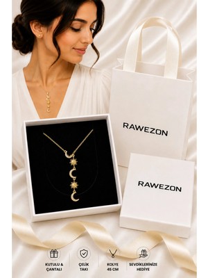 Rawezon Kutulu Çantalı Gold Renk Çelik Güneş Hilal Ay Y Kolye - Kadına Sevgiliye Doğum Günü Hediyesi