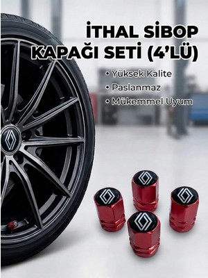 Aksefuar Lazer Renault ile Uyumlu Logolu Alüminyum Kırmızı Altıgen Sibop Kapak Seti