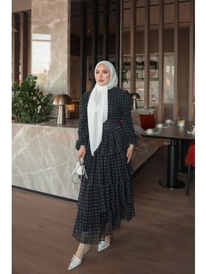 İmaj Butik Siyah Puantiyeli Kat Kat Şifon Elbise