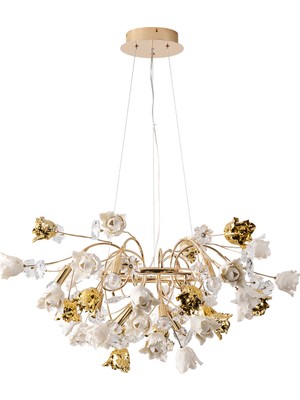 Apliqa Faxon 9'lu Gold Çiçek Desenli Modern Yuvarlak Sarkıt Salon Avize