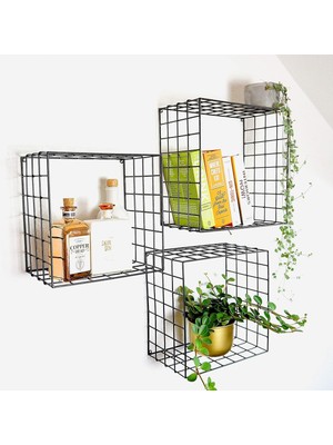 3'lü Set Siyah Tel Hasır Duvar Rafı 35/31/27