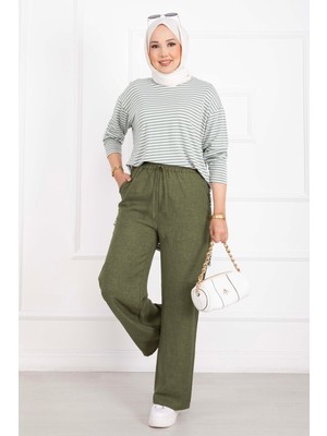 MDS Beli Lastikli Keten Pantolon Haki