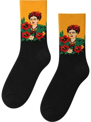 Carnaval Socks Frida Çiçek Desenli Siyah Unisex Soket Çorap