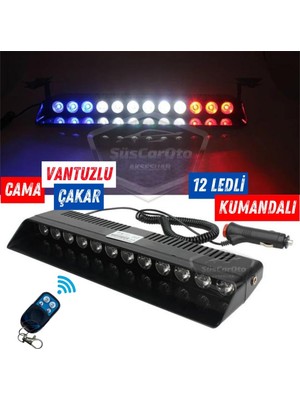 Şüscaroto Aksesuar S12 Kumandalı Cam Içi Vantuzlu Polis Çakar Lamba Ikaz Lambası 12 Ledli 14 Farklı Mod Kablosuz Kırmızı Beyaz Mavi 3 Renk Çakmaklık Girişli