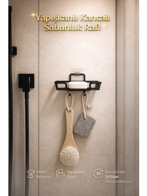 Alper Banyo Yapışkanlı Siyah Kancalı Sabunluk Rafı, Statik Boyalı Banyo Duş Sabunluğu ve Sünger Askısı