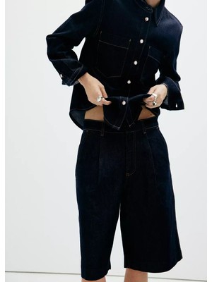 Mango Pileli Straight Fit Bermuda Şort
