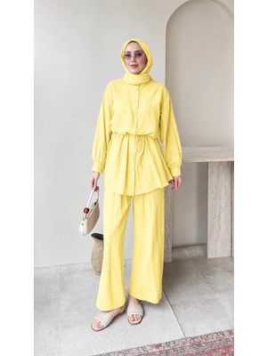 Miraydin Butik Kadın Belden Bağlamalı Tunik Pantolon Takım M6034 - Sarı