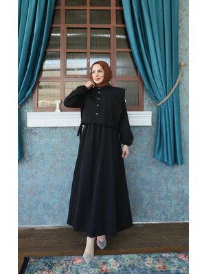 Bolerolu Beli Lastikli Tesettür Elbise Siyah HNT011