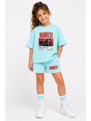 Fasardi Manifest Girls M6NIFESTGIRLS Baskılı Oversize %100 Pamuk Tişört Şort 2li Çocuk Takım