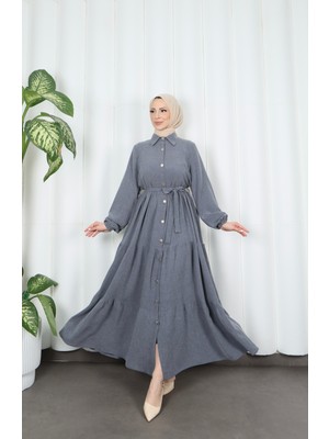 Boydan Düğmeli Kuşaklı Katlı Elbise Koyu  Gri  HNT8593