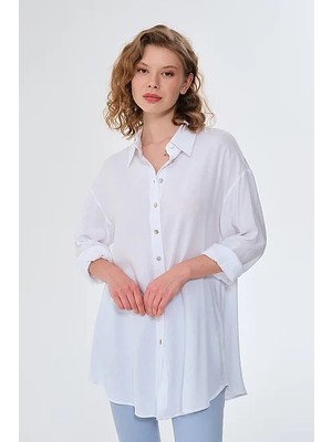 Gusto Oversize Keten Gömlek - Beyaz