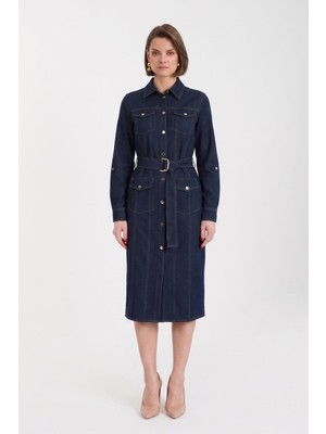 Denim Görünümlü Kolu Apoletli Bel Kemerli Elbise. EL-4503-B