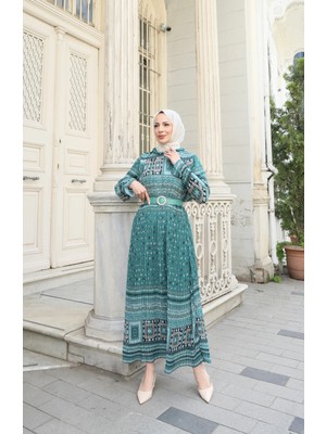 Desenli Boydan Piliseli Kemerli Şifon Elbise Mint Yeşili  HNT2968