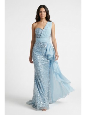 Bdm Exclusive Taş Işlemeli Şifon Drape Detaylı Premium Abiye Elbise