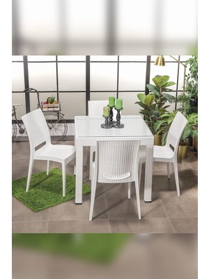 AyrStore Mobetto Rattan Small Camlı Beyaz Masa Takımı Bahçe&balkon 1 Camlı Masa + 4 Sandalye