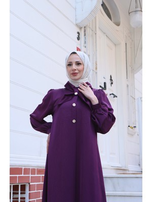 Fiyonklu Düğme  Detaylı Tesettür Elbise Mürdüm   HNT1012