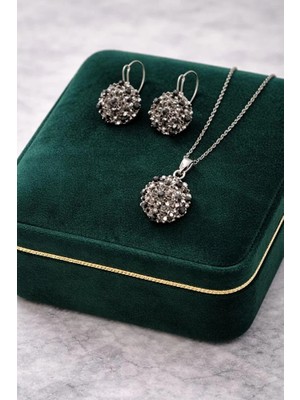Taşlı Gümüş Rengi Kolye Küpe Takım