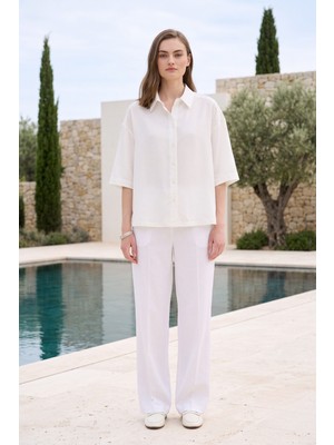 Lupinn Kadın Beyaz Oversize Keten Görünümlü Gömlek Kısa Kollu Düğmeli Rahat Kalıp Yazlık Gömlek Basic Bluz