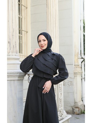 Fırfır Detaylı Kuşaklı Terikoton Elbise Siyah  HNT0313