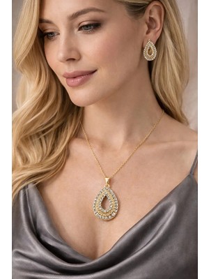 Zirkon Taşlı Sallantılı Altın Rengi 2 Li Set Kolye