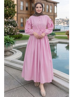 Belden Piliseli Bağcıklı Düğme Detaylı Elbise Pembe   HNT0310