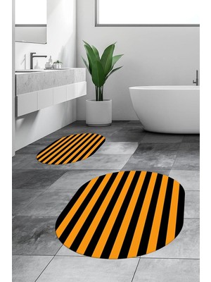 Evdeya Dijital Yıkanabilir Kaymaz Çizgili Modern Ikili Banyo Halısı Paspas Oval Klozet Takımı O-Klozet-50, Turuncu, 60 x 60