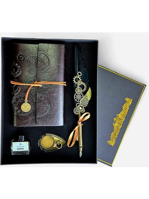 Senon Steampunk Tüy Kalem Seti Dişli Tasarımlı Doldurulabilir Divitli Deri Defter Mürekkep Şişesi ve Tüylü Divit Seti Özel Tasarım Hediyelik (Siyah)