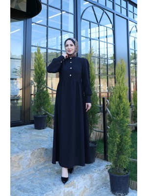 Düğme Detaylı Pileli Tesettür Elbise Siyah HNT8528