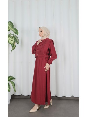 Düğme Detaylı Bolerolu  Pileli Elbise Bordo HNT7121