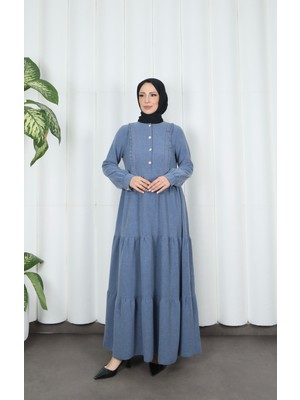 Dantel Detaylı Düğmeli Kat Kat Tesettür Elbise Mavi  HNT8596