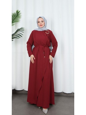 Toka Detaylı Bağlamalı Ayrobin Elbise Bordo   HNT85921